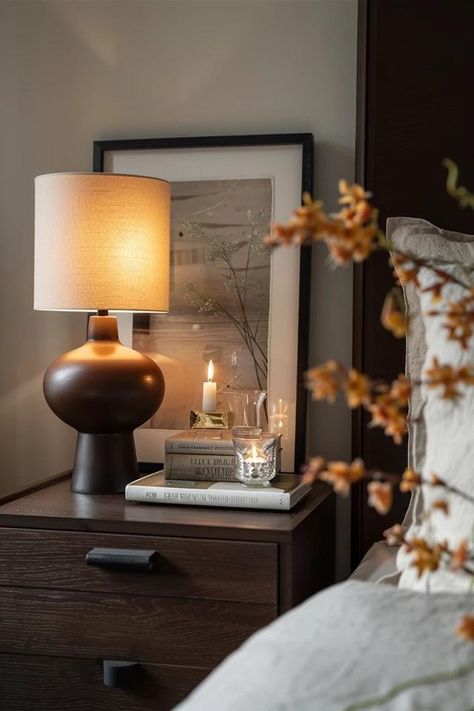 How To Style Your Nightstand: Functional And Chic Arrangement Mismatch Nightstands Bedroom, His And Hers Nightstand Styling, Art Behind Nightstand, Nightstand Aesthetic Decor, Styling Nightstands, Above Nightstand Decor, Nightstand Styling Ideas, Bedroom Nightstand Decor Ideas, Night Stand Styling