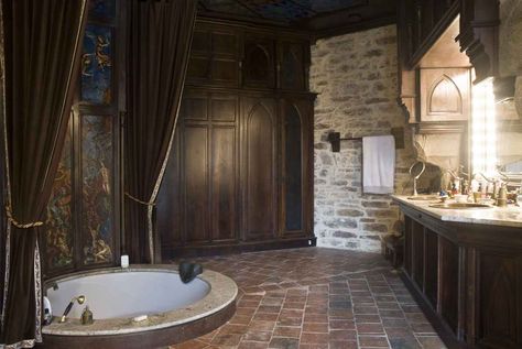 Photo gallery and virtual visit of the montbrun castle for sale Black Walls Bedroom, Bathroom Stone, Gothic Bathroom, Gothic Interior, Big Mirror, Stone Walls, Wood Molding, Dream Bathrooms, French Chateau