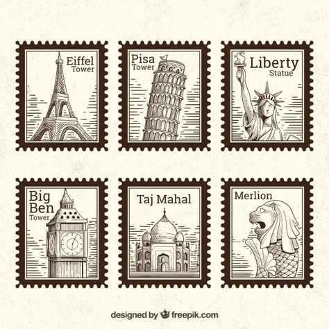 Set of landmark stamps with different cities in hand drawn style Free Vector طوابع بريد, Different Cities, Penanda Buku, Postage Stamp Design, Album Journal, طابع بريدي, Travel Stamp, Scrapbook Stickers Printable, Scrapbook Printables