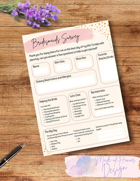 Need an easy way to collect all the information from your bridesmaids? This Bridesmaids Survey will help you keep your girls straight! This is a PDF Print that you can print yourself or send straight to your wedding party. Bridesmaid Duties Card, Bridesmaid Survey, Bridesmaid Questionnaire, Bridesmaids Proposal Ideas, Bridesmaid Proposal Party, Hunters Wedding, Ways To Ask Bridesmaids, Hacienda Wedding, Bridesmaids Proposal