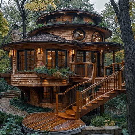 Round Tiny House, Small House In Nature, Round House Design, Treehouse Aesthetic, Circular Houses, Circular Homes, Cozy Cottage In The Woods, Curved House, Round Cottage