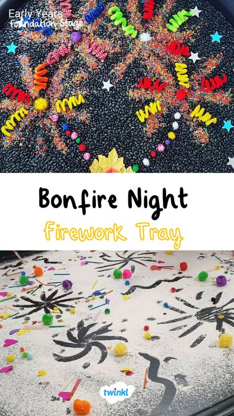 Create fun bonfire night activities for kids. Let them explore a sensory tray or create their own firework patterns. Bonfire night crafts for kids. Fireworks Eyfs Bonfire Night, Bonfire Night Crafts Eyfs, Bonfire Night Tuff Tray Eyfs, Bonfire Night Sensory Play, Bonfire Activities For Toddlers, Fireworks Activities Eyfs, Bonfire Night Early Years, Eyfs Bonfire Night, Firework Activities For Toddlers