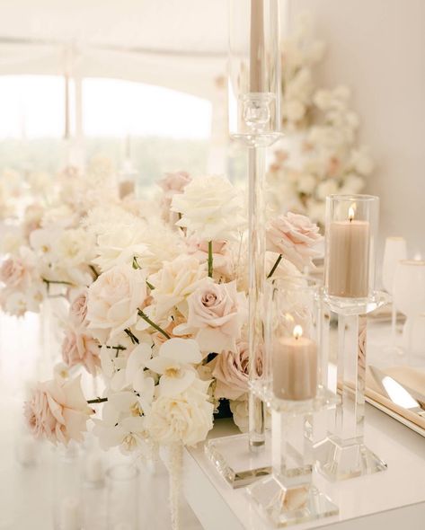 Neutral And Pink Wedding Colors, Taupe Wedding Centerpieces, Wedding Florals White And Blush, Neutral Glam Wedding, White And Neutral Wedding, Blush Wedding Table Setting, White And Blush Wedding Flowers, White Blush Wedding, Blush Ivory Wedding