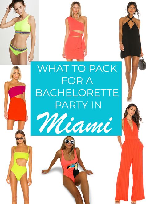 The ultimate Miami outfits for a girls weekend or bachelorette party! The cutest poolside swimwear and going out dresses & jumpsuits for that Miami heat! Miami Outfits Bachelorette Party, Miami Outfits Bachelorette, Bachelorette Miami Ideas, Florida Bachelorette Party Outfits, Miami Theme Party Outfits, Miami Bachelorette Outfits, Miami Vice Bachelorette Party, Miami Pool Party Outfit, Miami Party Outfits