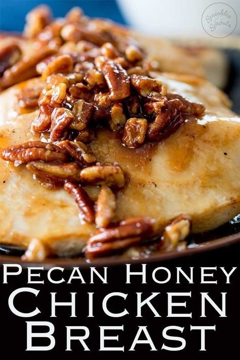 Honey Butter Pecan Chicken Breasts | Sweet, savory and buttery. This will instantly become one of your favorite chicken dishes. Learn how simple this chicken dinner is to create. Perfect for entertaining, date night or just a random Tuesday night. Recipe by Sprinkles and Sprouts | Delicious Food for Easy Entertaining #chickendinner #easychickenrecipe #chickenbreasts #chickenfillets Honey Chicken Breast, Turkey Entrees, Chicken Lickin, Sprouts Recipes, Work Recipes, Pecan Chicken, Chicken Ideas, Chicken Meals, Honey Chicken