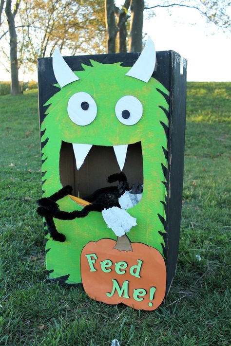 Cardboard Box Monster, Monster Box Diy, Box Monsters Cardboard, Tissue Box Monster, Monster Box For Candy, Candy Monster Donation, Feed The Monster Game, Candy Donation Box Ideas Halloween, Monster Boxes Ideas