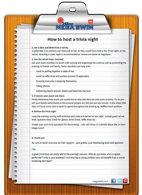 Who doesn't love a Trivia night - so why not support people living with MS by getting involved in a MS 24 Hour Mega Swim, Squash or Racquetball tournament- This is a base guide on how to start planning for your Trivia night!  Tell us how you went!!! Good luck!  MS Event Team  megaswim.com  @24 Hour Mega Swim #megaswim Library Fundraiser, Fun Fundraisers, Booster Club, Activity Director, Racquetball, Trivia Night, Relay For Life, Disney Facts, Library Programs