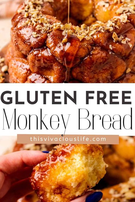 I love this soft, gooey, pull-apart Gluten-Free Monkey Bread. These bite-sized cinnamon buns are a heavenly dessert that I like to eat for breakfast! From their warm, sticky, caramel glaze to the buttery cinnamon sugar to the easy way it all comes together in a bundt pan, this recipe is absolute perfection. Gluten Free Monkey Bread Recipe, Gluten Free Monkey Bread, Easy Monkey Bread, Monkey Bread Recipe, Breakfast Pastry, Gf Breakfast, Gf Baking, Cookies Gluten Free, Gluten Free Donuts