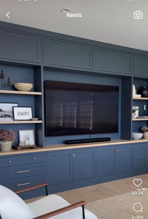 Color In Interior Design, Built In Tv Wall Unit, Built In Wall Units, Gray Room, Built In Entertainment Center, Built In Shelves Living Room, Basement Remodel Diy, Living Room Built Ins, Home Cinema Room