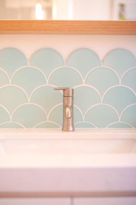 Beautiful Tile Backsplash, Blue Bathroom Tile, Fireclay Tile, Guest Bathrooms, Bathroom Backsplash, Girls Bathroom, Rooms Reveal, Blue Bathroom, Kids Bath