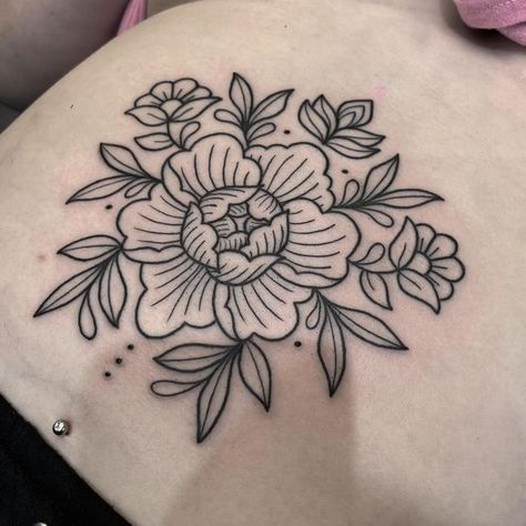 peony black ink tattoo