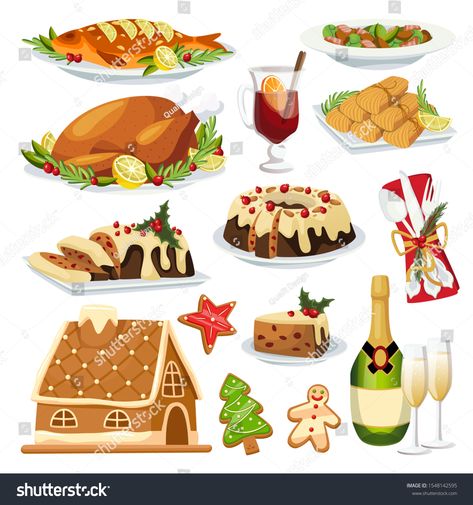 Christmas Table Illustration, Christmas Food Illustration, December Sketchbook, Christmas Dinner Illustration, Christmas Roast Dinner, Stollen Cake, Mexican Christmas Traditions, Cake And Champagne, Silhouette Sport