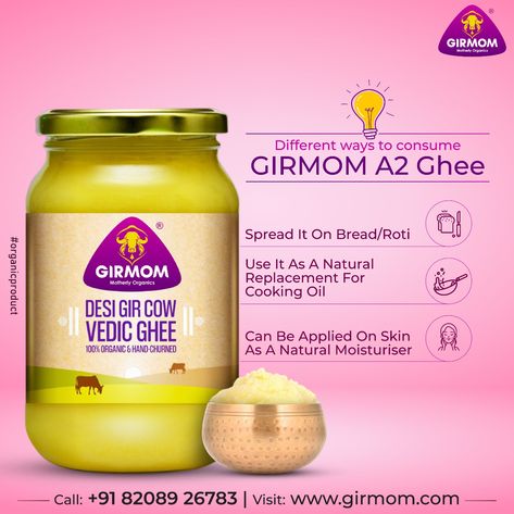 Different ways to consume Girmom A2 Ghee. Spread it on bread/Roti Use it as a natural replacement for cooking oil Can be applied on the skin as a natural moisturizer Buy Girmom A2 ghee, Available On Flipkart & Amazon #girmom #girmoma2ghee #a2ghee #desighee #vedicghee #bilonaghee #desigheefood #gircowghee #gircow #cowghee Cow Ghee, Creative Jewelry Photography, Food Advertising, Natural Moisturizer, Cooking Oil, Jewelry Photography, Creative Jewelry, Ghee, The Skin