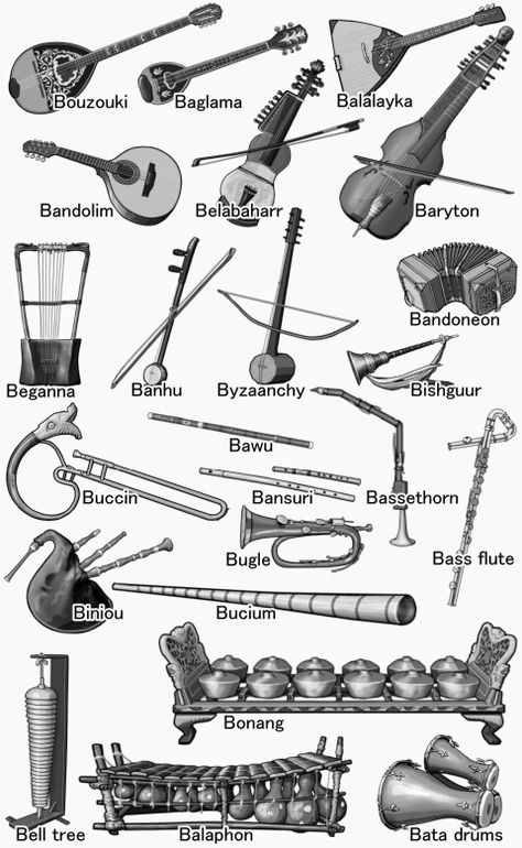 World musical instruments The names of musical instruments. from Baglama to Byzaanchy. Monochrome illustration. Bard Instruments, Old Musical Instruments, Homemade Instruments, Monochrome Illustration, Violin Lessons, Drum Lessons, Singing Tips, Folk Instruments, Old Music