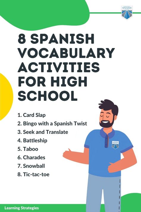 Spanish High School Classroom, Teaching Spanish High School, Teaching Vocabulary Strategies, Spanish Games For High School, Leslie Grahn Authentic Resources Spanish, Spanish Lesson Plans High School, Practice Spanish, Activities For High School, Beginner Spanish Lessons