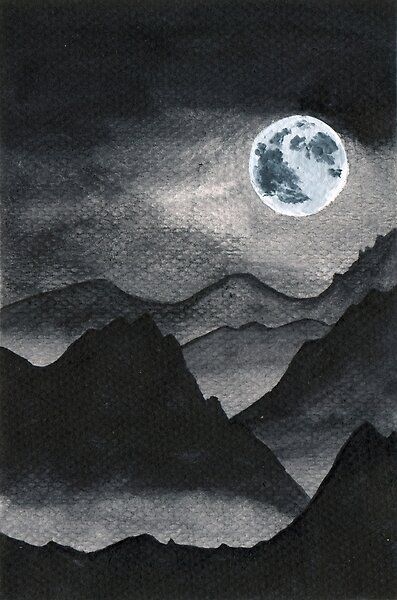 Black and White Full Moon Mountains Landscape Minimalistic Design Painting in Watercolors. Landscape Silhouette, Moon Artwork, Skyline Painting, White Landscape, Landscape Sketch, Mountains Landscape, Night Moon, Black And White Landscape, Watercolor Mountains