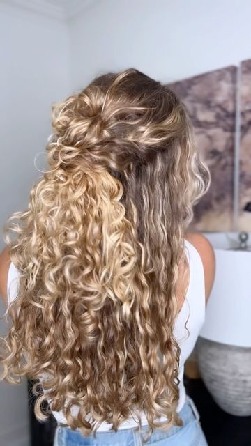 Bridesmaid Half Updo Hairstyles, Curly Hairstyles Half Up Half Down Bun, Naturally Curly Prom Hair, Half Up Bun Curly Hair, Curly Half Up Half Down Bun, Curly Half Up Half Down Natural Hair, Half Up Half Down Bun Curly Hair, Natural Half Up Half Down Curly Hair, Half Up Half Down Hair Bun