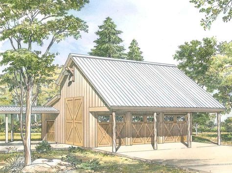 008G-0006: 3-Car Garage Plan with Storage and Workshop Barn Garage Plans, Open Shed, 3 Car Garage Plans, Garage With Living Quarters, Pole Barn Garage, Garage Workshop Plans, Car Shed, Workshop Plans, Garage Door Design