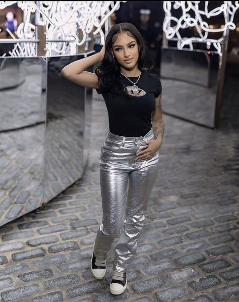 Silver Outfit Ideas Black Women, Outfits With Silver Pants, Diesel Shirt Outfit Black Women, Silver Pants Outfit Black Women, Silver Leather Pants Outfit, Chrome Outfit Black Women, Diesel Outfits Black Women, Metallic Jeans Outfit, Chrome Pants