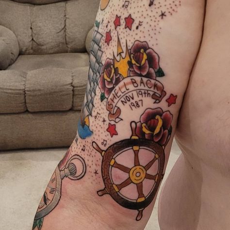 Closeup of the ship's wheel and the Shellback. Shellback Tattoo, American Traditional Sleeve, Peacock Tattoo, Traditional Sleeve, Ship Wheel, Tattoo Sleeve, American Traditional, Skull Tattoo, Sleeve Tattoos