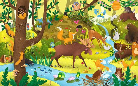 Forest Animals - observation puzzle on Behance Forest Animals Illustration, Animal Illustration Kids, Tree Watercolor Painting, Forest Illustration, Background Drawing, Vintage Deer, Watercolor Trees, Whimsical Illustration, Nature Illustration