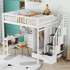 Full Size Loft Bed with Desk and Wardrobe Wood Loft Bed with Stairs Storage Staircase and Shelves, High Loft Bed with Steps for Kids Boys Girls Teens, White Bed With Bookshelf, Desk And Wardrobe, Loft Bed Ideas, Best Beds, Full Size Loft Bed, Wood Loft Bed, Desk Wardrobe, Bed With Wardrobe, Loft Bed Plans