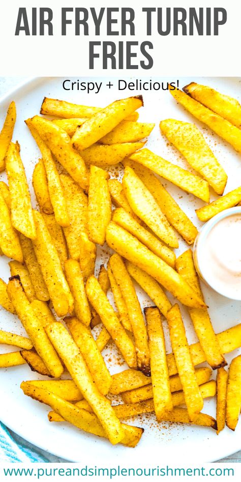 Air fryer turnip fries turn out so crispy and delicious! They are so easy to make in just 15 minutes and make a healthy appetizer or side dish. They're naturally gluten free, paleo and vegan.