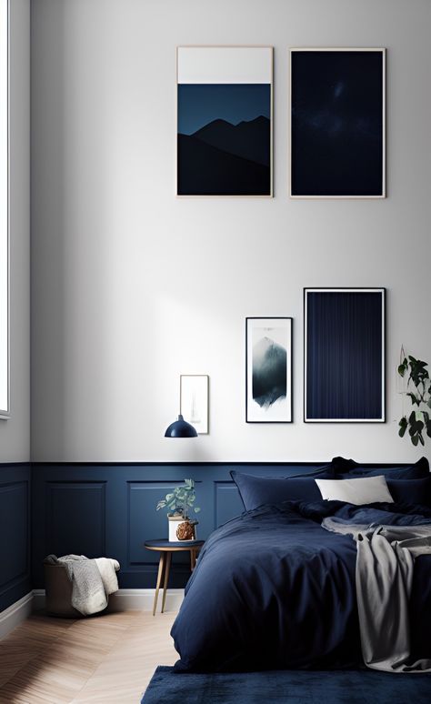 Navy Blue Apartment, Scandinavian Interior Blue, Cali Apartment, Blue Themed Bedroom, Post Modern Bedroom, Modern Scandinavian Interior Design, Scandi Interior, Modern Scandinavian Interior, Uncle Mike