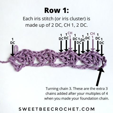 Iris Stitch - Crochet Tutorial - Sweet Bee Crochet Iris Stitch Crochet, Crochet Iris Stitch, Bee Crochet, Clothes Making, Learn How To Crochet, V Stitch, Stitch Crochet, Variegated Yarn, Dk Weight Yarn