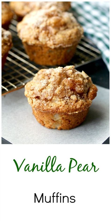 Vanilla Pear Muffins on a rack with a walnut topping #muffins #pear #breakfast Breakfast Muffins Recipes, Pear Muffins Recipes, Pear Breakfast, Walnut Topping, Pear Dessert Recipes, Pear Muffins, Muffins Blueberry, Pear Dessert, Muffins Recipes