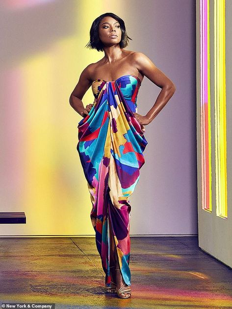 Gabrielle Union launches bright new clothing line for New York & Company to celebrate women | Daily Mail Online Overlay Jumpsuit, 36th Birthday, White Overlay, Gabrielle Union, Kitenge, Strapless Maxi, Strapless Maxi Dress, Multicolor Dress, Cate Blanchett