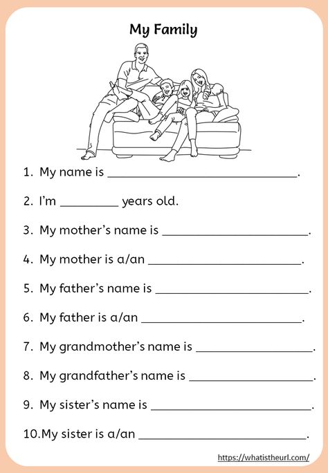 My Family Worksheets for kids Worksheets For Class 1, Reading Comprehension For Kids, English Worksheets For Kindergarten, Family Worksheet, Grammar For Kids, English Activities For Kids, Learning English For Kids, English Worksheets For Kids, Kids English