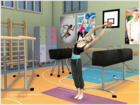 Gym Equipment Set by Severinka Sims 4 Gym Cc Functional, Sims 4 Cc Fitness Equipment, The Sims 4 Gym Build, Ts4 Cc Gym Equipment, Sims 4 Cc Gym Equipment Functional, Gymnastics Gym, Sims 4 Black Hair, The Sims 4 Packs, Sims 4 Cc Skin