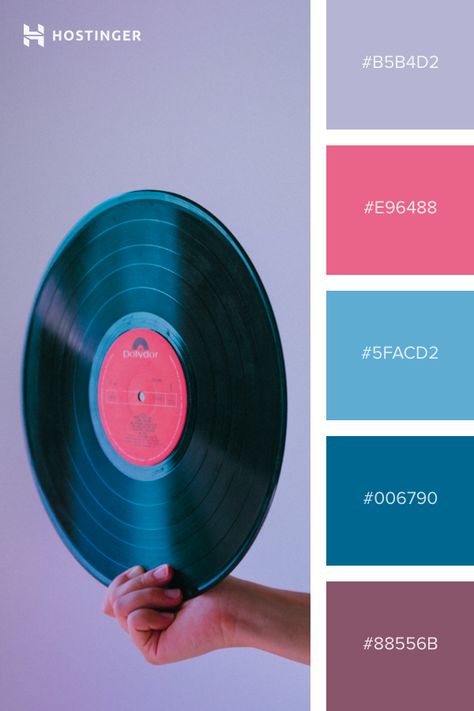 #B5B4D2 #E96488 #5FACD2 #006790 #88556B Good Web Design, Vinyl Disc, Best Website Design, Color Design Inspiration, Color Palette Challenge, Music Coloring, Fun Website Design, Pastel Colour Palette, Brand Color Palette