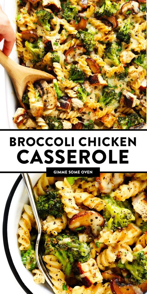 This healthier Broccoli Chicken Casserole recipe is made with your choice of pasta, tender chicken and broccoli, and the most delicious creamy cheddar mushroom sauce. It's modern comfort food at its best! | gimmesomeoven.com #chicken #casserole #dinner #comfortfood #healthy #glutenfree #mealprep #pasta Broccoli Casserole Healthy, Broccoli Chicken Casserole, Broccoli Cheddar Casserole, Chicken Mushroom Casserole, Chicken Mushroom Pasta, Healthy Chicken Casserole, Favorite Casserole Recipes, Broccoli Pasta Bake, Chicken Broccoli Pasta