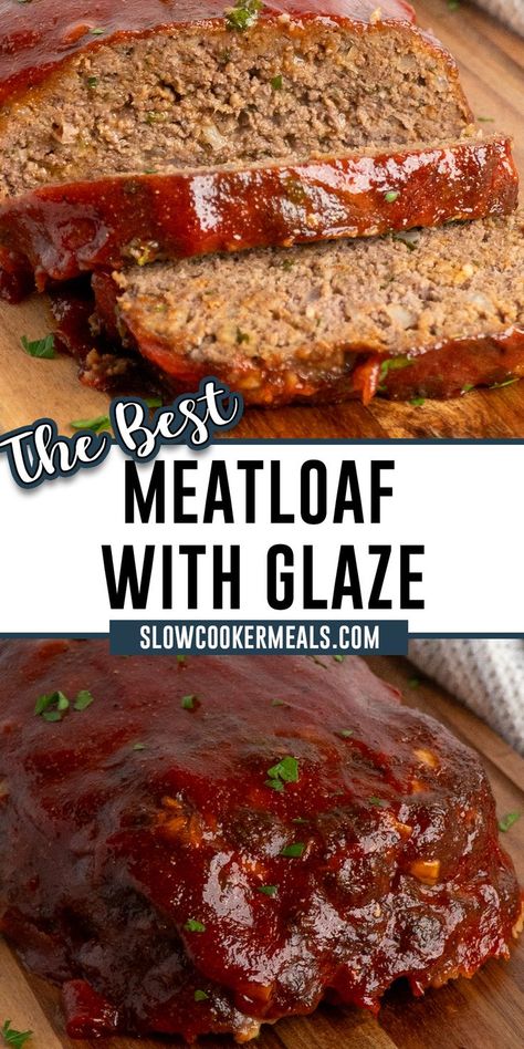 Close-up of a meatloaf with glaze on a wood cutting board. Meatloaf With Glaze, Meatloaf Glaze Recipe, Meatloaf Sauce Recipe, Easy Italian Meatloaf, Easy Homemade Meatloaf, Meatloaf With Mashed Potatoes, Worcestershire Sauce Recipes, The Best Meatloaf Recipe, Tasty Meatloaf Recipe