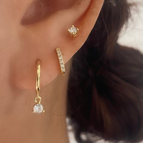 Julie Gold Dangle Earring Stack 3 Pair Set Piercing Stacks, 3 Ear Piercings, Closet Upgrade, Multiple Piercings Earrings, Ear Styling, Earring Stacks, Earring Inspo, Earring Stack, Piercing Inspo