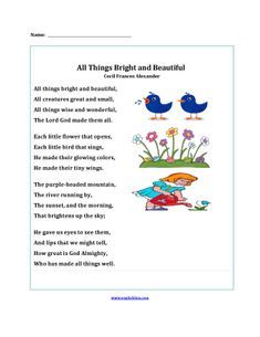 Comprehension For Grade 5, Poetry Comprehension Worksheets, 3rd Grade Spelling Words, Free School Printables, 3rd Grade Spelling, Poetry Worksheets, Types Of Poems, English Poems, All Things Bright And Beautiful