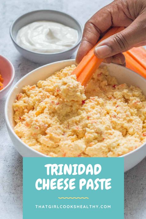 Trinidad Cheese Paste  being dipped into with carrot sticks. Cheese Paste, How To Make Vegan Cheese, Vegan Trinidadian Recipes, Quick Vegan Cheese Sauce, Vegan Havarti Cheese, Easy Vegan Cheese Recipe, Food Doctor, Trinidadian Recipes, Food Processor Uses