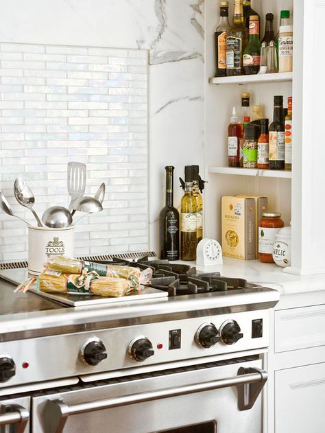 Nifty Storage Niche :: A niche built into the range alcove creates the perfect spot to stow away everyday cooking items such as spices, condiments, and cooking oils. Create similar storage elsewhere in the kitchen by building shelves between wall studs. | via BHG Unfitted Kitchen, Clever Kitchen Storage, Classic Kitchen, Kitchen Stove, Smart Kitchen, Decoration Inspiration, The Design Files, Contemporary Kitchen, Contemporary Decor