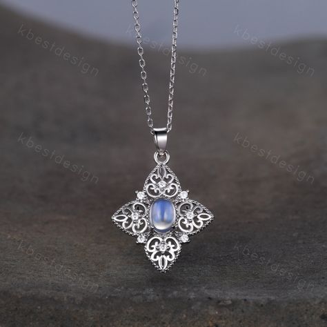 This antique filigree Moonstone necklace is the June birthstone, features oval shaped moonstone center stone surrounded by Moissanite. For those who are looking for crystal jewelry which is handcrafted in details, this unique crystal necklace would be a perfect choice for you. Whether it be a Birthday gift for her, an anniversary gift her, or a celebration of yourself, this agate jewelry is the perfect gift from the heart. Details: *7x5mm oval cut natural moonstone *Side stone: Moissanite Chain: Moissanite Chain, Pendant Necklace White Gold, Compass Jewelry, Gold Necklace For Women, Necklace Art Deco, Necklace White Gold, Pretty Jewelry Necklaces, Antique Filigree, Necklace Art