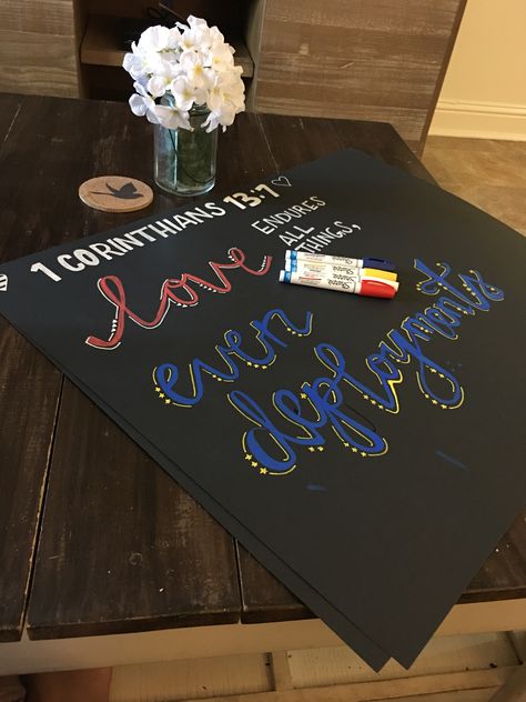 Deployment Coming Home Signs, Welcome Home Signs For Military, Deployment Homecoming Signs, Marine Homecoming, Deployment Quotes, Bible Phrases, Military Homecoming Signs, Soldier Care Packages, Army Boyfriend