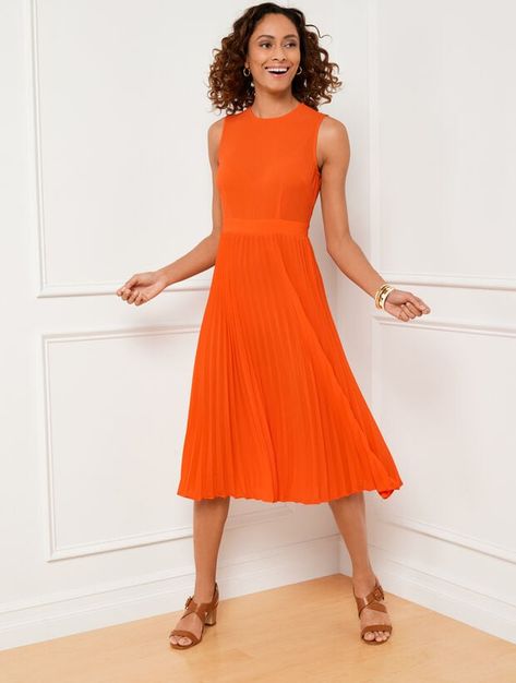 Shop Talbots for modern classic women's styles. You'll be a standout in our Donna Morgan Pleated Dress - only at Talbots! Bright Dresses, Orange Casual Dress, Dyt Type 1, Morgan Dress, Donna Morgan Dress, Bright Dress, Modern Classic Style, Maggy London, Classic Style Women