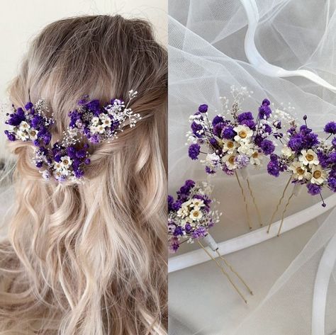 #hair, #style, #hairinspiration, #beauty Purple Flower Hairstyle, Purple Flowers In Hair, Purple Hair Accessories Wedding, Purple Boho Wedding, Summer Wedding Hair, Purple Hair Accessories, Hair Accessories Summer, Wedding Brainstorming, Grad Hair