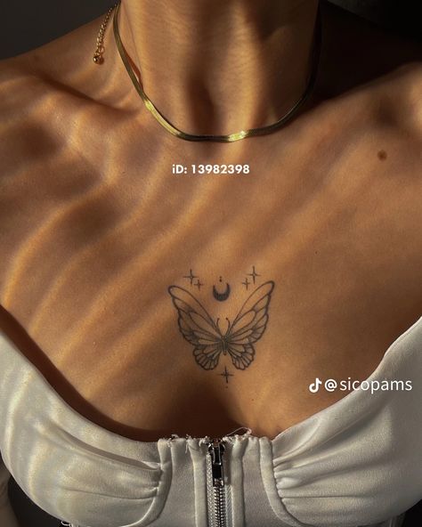 Color Bone Tats Women, In Between Chest Tattoo Female Butterfly, Butterfly On Chest Tattoo, In Between Chest Tattoo Female Simple, Colar Bone Tattoo For Women Meaningful, Butterfly Tattoo Chest Woman, Under Neck Tattoo, Butterfly Tattoo Between Breast, Small Throat Tattoos Women