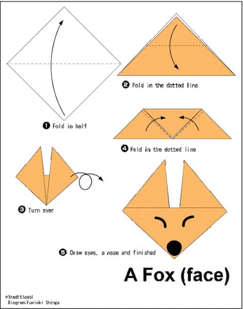 Origami Fox (face) - Easy Origami instructions For Kids Origami Instructions For Kids, Easy Origami Flower, Easy Origami For Kids, Origami Lucky Star, Origami Elephant, Origami Star Box, Tutorial Origami, Fox Crafts, Origami Ball