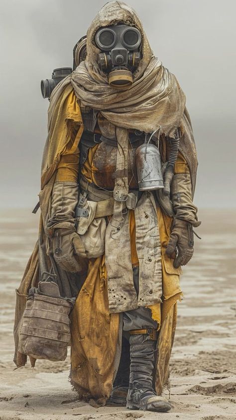 Desert Explorer Outfit, Desert Apocalypse Outfit, Survivalist Aesthetic, Apocalypse Gas Mask, Post Apocalyptic Town, Desert Apocalypse, Desert Wear, Post Apocalyptic Outfit, Apocalypse Tattoo