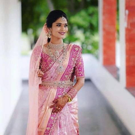 Veils Bridal South Indian, Pink Saree Bride, Pastel Saree Wedding, Dhaare Saree, Lavender Sarees, Indian Bridal Veil, Bridal Reception Saree, Sarees South Indian, Pastel Sarees