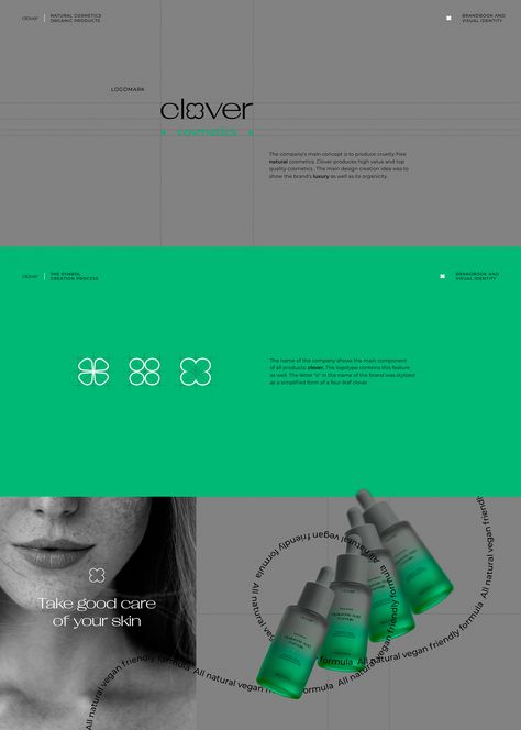 Packaging and logo design for the Clover cosmetic brand Cosmetic Brand Identity, Clover Logo, Cosmetic Logo, Wellness Business, Visual Identity Design, Blind Date, Branding Logo Design, Design Packaging, Creative Packaging Design