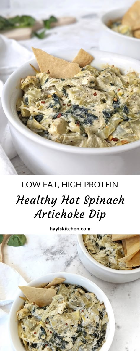 Low Calorie Spinach Artichoke Dip, Low Fat Spinach Artichoke Dip, Low Calorie Spinach Dip, Greek Yogurt Artichoke Dip, Healthy Hot Dips, Low Fat Dips Appetizers, Healthy Hot Dip Recipes, Low Calorie Game Day Food, High Protein Spinach Artichoke Dip